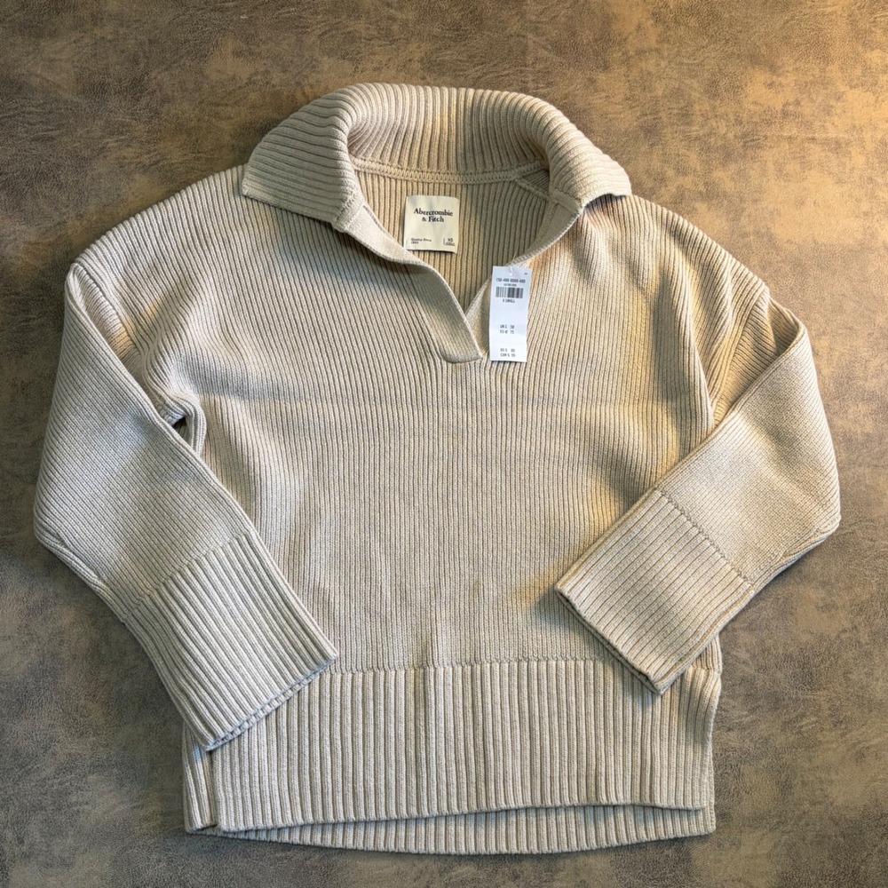 Abercrombie & Fitch‎ Sweater Womens XS Beige Ribbed Split Polo Collar